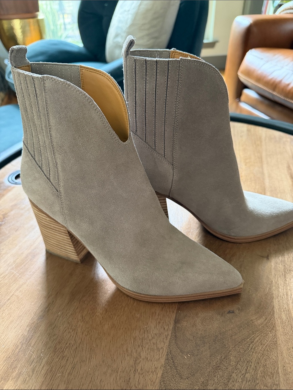 Marc Fisher Suede Ankle Booties in Taupe